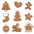 Christmas gingerbread set: bell, heart, man, sock, tree, star, new year`s ball, bunny, house. Isolated on white background. Royalty Free Stock Photo